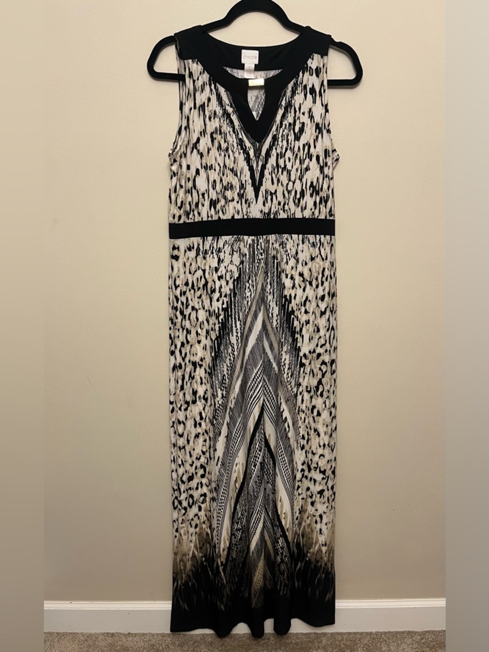 NWT Chico's Animal Chevron Diane Maxi Dress Women's Size 1 (M/8) Black White Tan